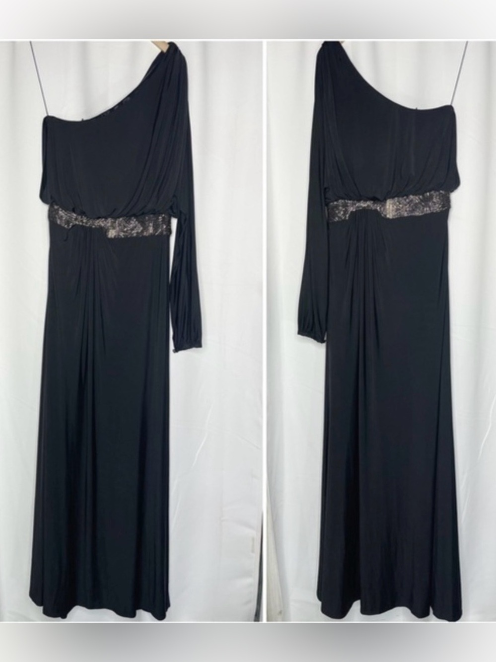Aidan Mattox One Shoulder Long Sleeve Beaded Black Maxi Dress Gown Size 10